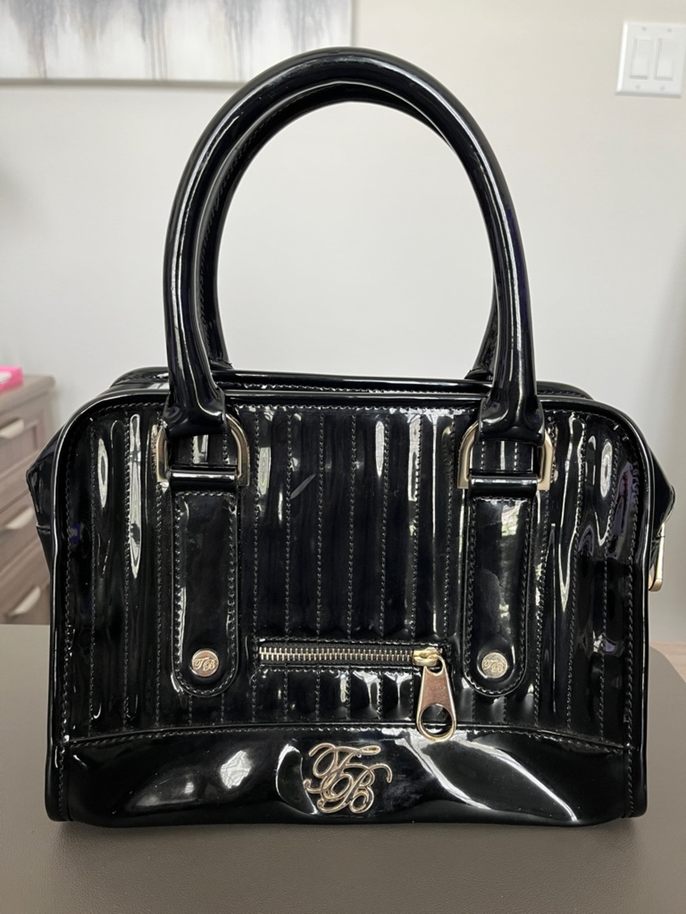 Ted Baker Black Patent Top-Handle Satchel with Gold Hardware
